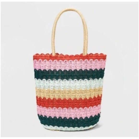 Colorful Striped Straw Tote Bag Double‎ Straps - Picture 1 of 8